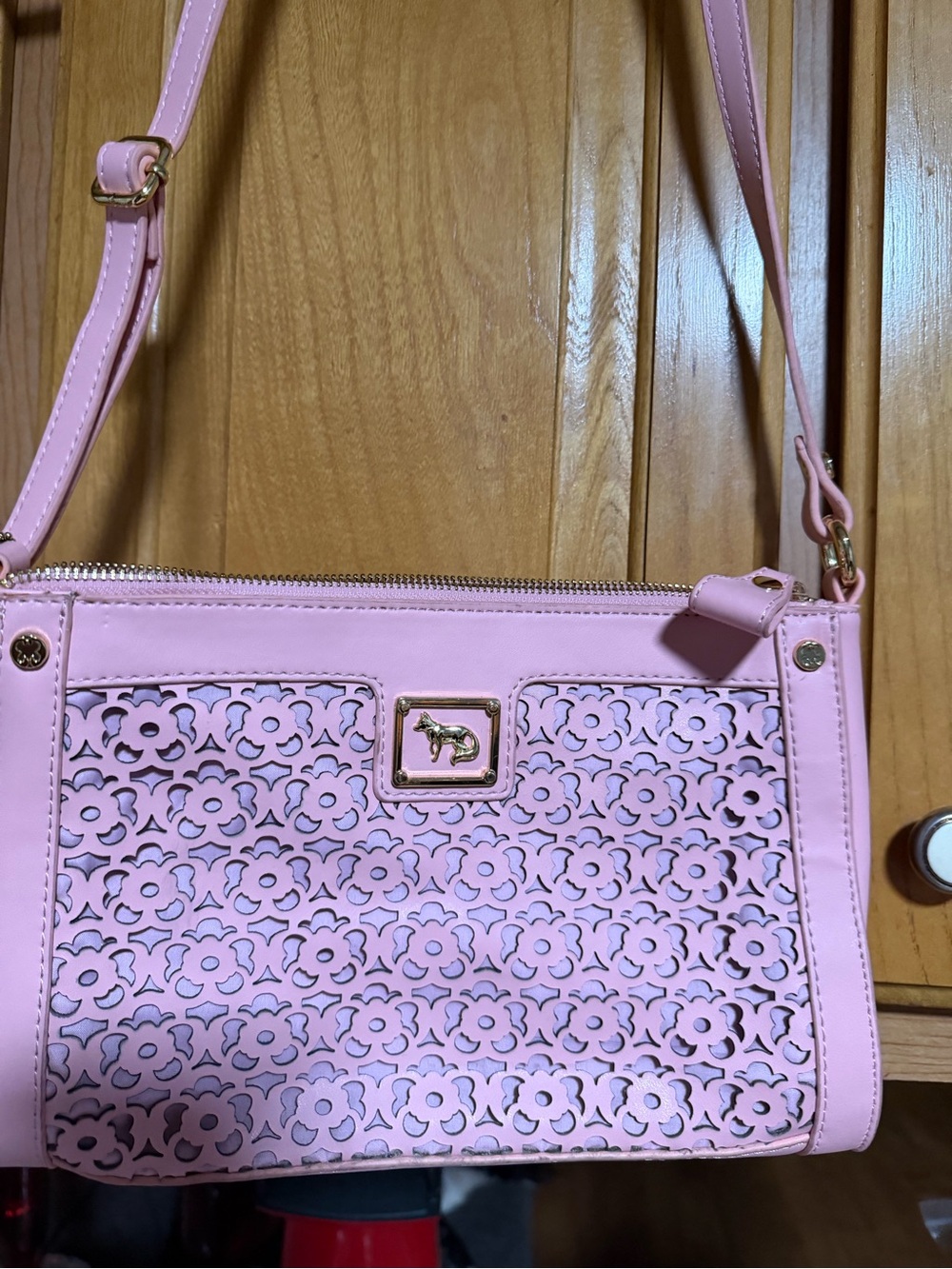 Emma Fox Pink Floral Laser-Cut Shoulder Bag with Gold Accent